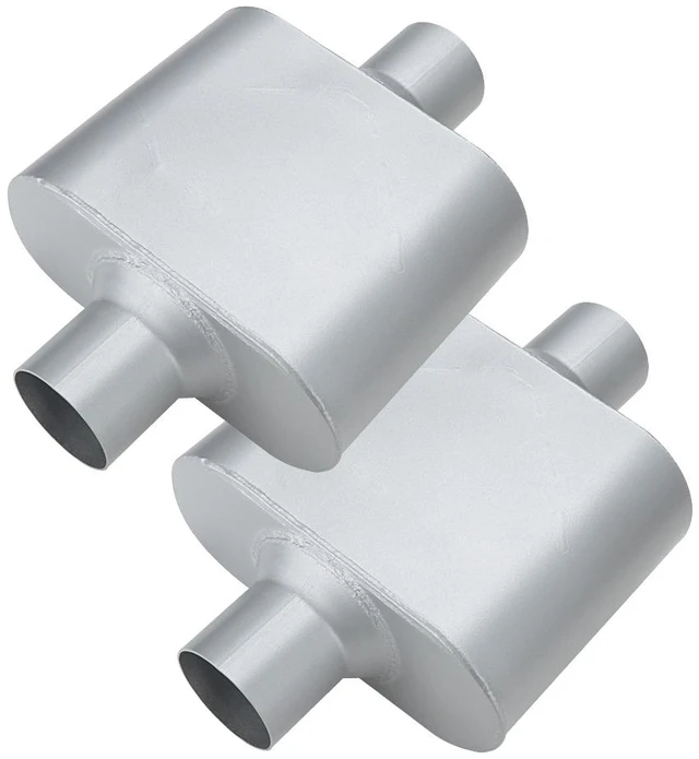 Main image of Single Chamber Muffler 2.5" Center Inlet 2.5" Center Outlet, 13" Overall Length Aluminized Steel Aggressive Sound Race Muffler (2 Pcs)