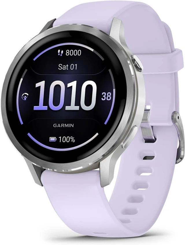 Main image of Garmin Venu® 4, 41mm, Advanced Health and Fitness GPS Smartwatch, Bright and Colorful Display, Built-in Flashlight, 10 Days of Battery Life, Silver with Periwinkle Silicone Band