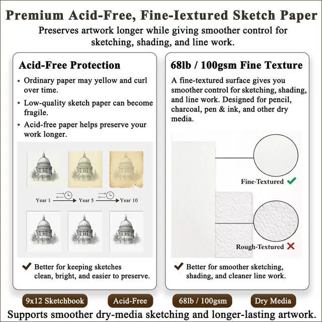 Alt view image 2 of 7 - 9" x 12" Sketch Book_Top Spiral Bound Sketchbook_100Sheets 68lb/100gsm | Art Sketch Pads for Drawing, Acid-Free Drawing Paper Pad for Kids, Students, Artists & Beginners, Art Supplies for Adults