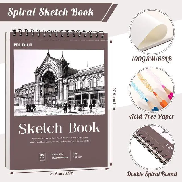 Alt view image 3 of 7 - 8.5 × 11 Sketch Book, Spiral Bound, 50 Sheets, Acid-Free Drawing Pad | 68lb/100gsm Paper, Perforated Pages, 360° Spiral Binding, Hard Backing, for Pencil, Charcoal, Pastel & Back To School Gifts