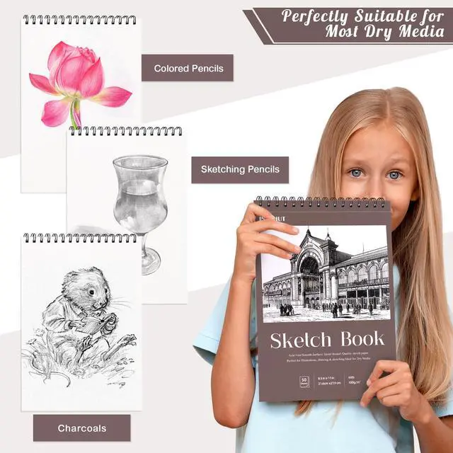Alt view image 6 of 7 - 8.5 × 11 Sketch Book, Spiral Bound, 50 Sheets, Acid-Free Drawing Pad | 68lb/100gsm Paper, Perforated Pages, 360° Spiral Binding, Hard Backing, for Pencil, Charcoal, Pastel & Back To School Gifts