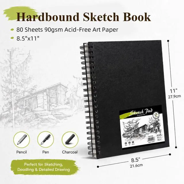 Alt view image 2 of 7 - 8.5"x11" Hardbound Sketch Book, 80-Sheets 90gsm Double-Sided Hardcover Sketchbook, Spiral Sketch Pad, Durable Acid Free Drawing Art Paper for Adults