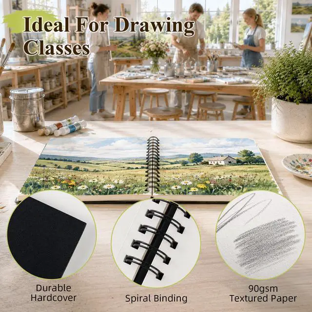 Alt view image 5 of 7 - 8.5"x11" Hardbound Sketch Book, 80-Sheets 90gsm Double-Sided Hardcover Sketchbook, Spiral Sketch Pad, Durable Acid Free Drawing Art Paper for Adults