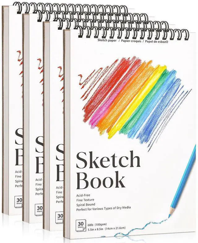 Main image of 4 Pack Small Sketch Books for Kids, 5.5 × 8.5 in Spiral Bound, 100gsm Paper | Acid-Free 68lb Paper, Spiral Design, for Pencils Charcoal & Crayons, Ideal for Travel Sketching& Back To School Gifts