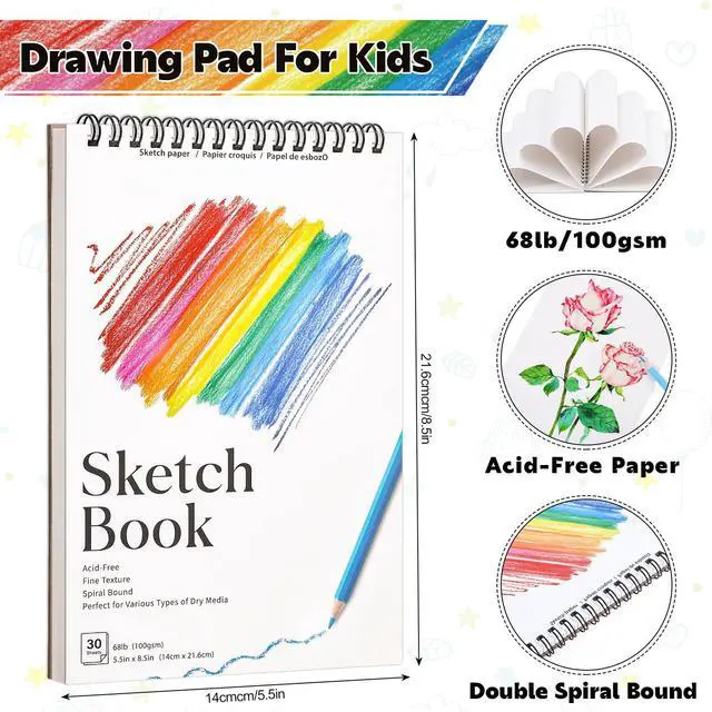 Alt view image 2 of 7 - 4 Pack Small Sketch Books for Kids, 5.5 × 8.5 in Spiral Bound, 100gsm Paper | Acid-Free 68lb Paper, Spiral Design, for Pencils Charcoal & Crayons, Ideal for Travel Sketching& Back To School Gifts