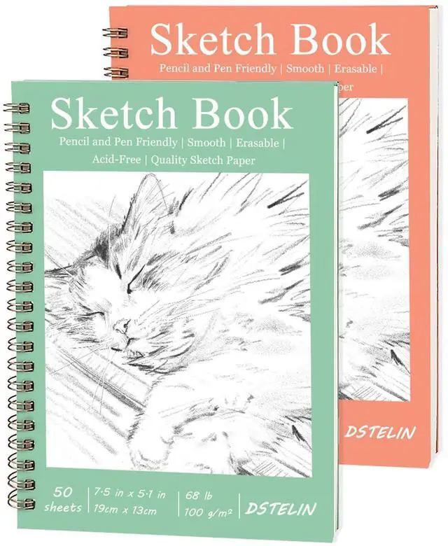 Main image of 2 Pack Hardcover Sketchbooks (100 GSM Sketch Paper), 7.5x5.1 Inch Spiral Sketch Book for Sketching, Drawing, Painting, 50 Sheets per Pack, Pink and Green
