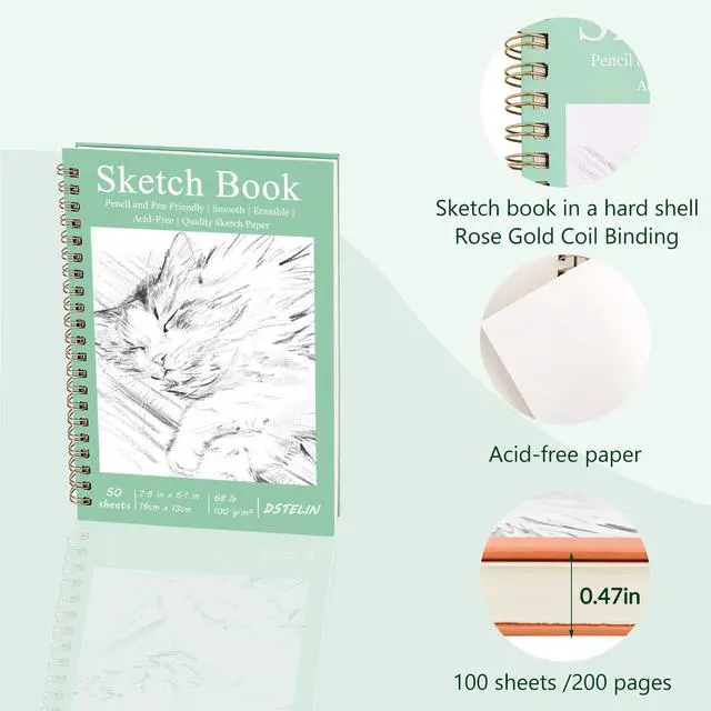 Alt view image 3 of 6 - 2 Pack Hardcover Sketchbooks (100 GSM Sketch Paper), 7.5x5.1 Inch Spiral Sketch Book for Sketching, Drawing, Painting, 50 Sheets per Pack, Pink and Green