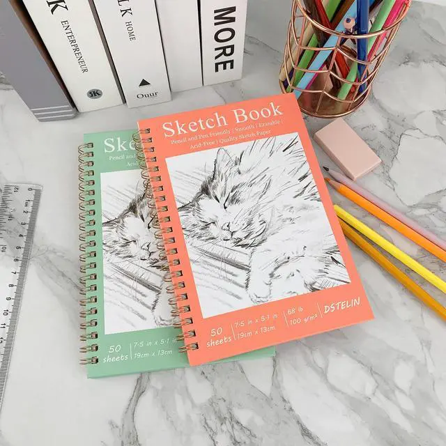 Alt view image 5 of 6 - 2 Pack Hardcover Sketchbooks (100 GSM Sketch Paper), 7.5x5.1 Inch Spiral Sketch Book for Sketching, Drawing, Painting, 50 Sheets per Pack, Pink and Green