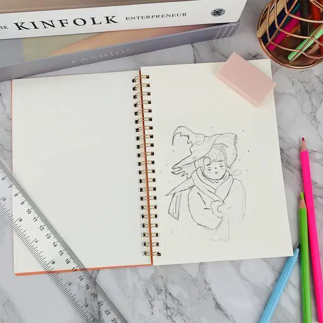 Alt view image 6 of 6 - 2 Pack Hardcover Sketchbooks (100 GSM Sketch Paper), 7.5x5.1 Inch Spiral Sketch Book for Sketching, Drawing, Painting, 50 Sheets per Pack, Pink and Green