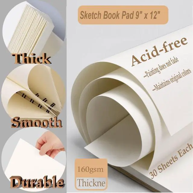 Alt view image 2 of 7 - Sketch Book Pad, Drawing Paper 9" x 12" Spiral Bound (98lb/160gsm), 90 Sheets, Pack of 3, Durable Acid Free Sketchbook for Painting (3 Pack- 9"X12")