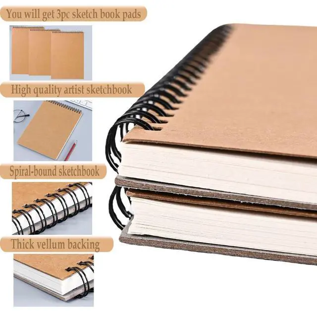 Alt view image 3 of 7 - Sketch Book Pad, Drawing Paper 9" x 12" Spiral Bound (98lb/160gsm), 90 Sheets, Pack of 3, Durable Acid Free Sketchbook for Painting (3 Pack- 9"X12")