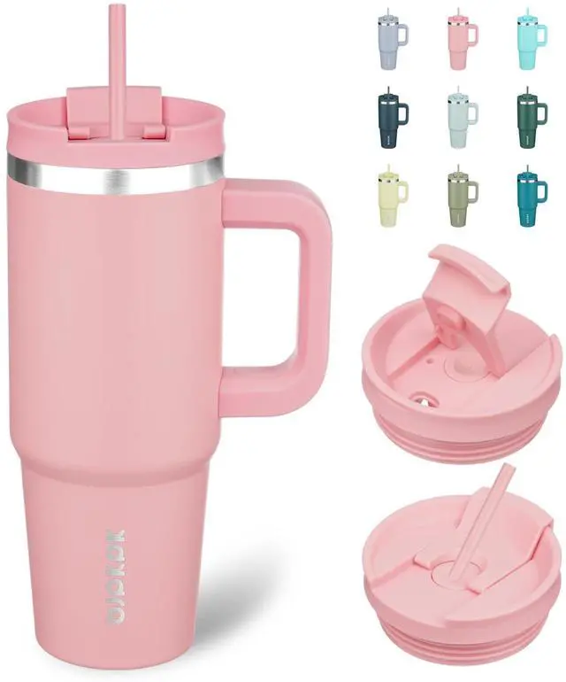 Main image of 30 oz Insulated Tumbler with Handle & Straw, Stainless Steel | Double Wall Vacuum Insulation, Leak Proof, BPA Free, Dishwasher Safe, Cupholder Friendly, Travel & Outdoor, Light Pink