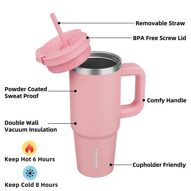 Alt view image 2 of 6 - 30 oz Insulated Tumbler with Handle & Straw, Stainless Steel | Double Wall Vacuum Insulation, Leak Proof, BPA Free, Dishwasher Safe, Cupholder Friendly, Travel & Outdoor, Light Pink