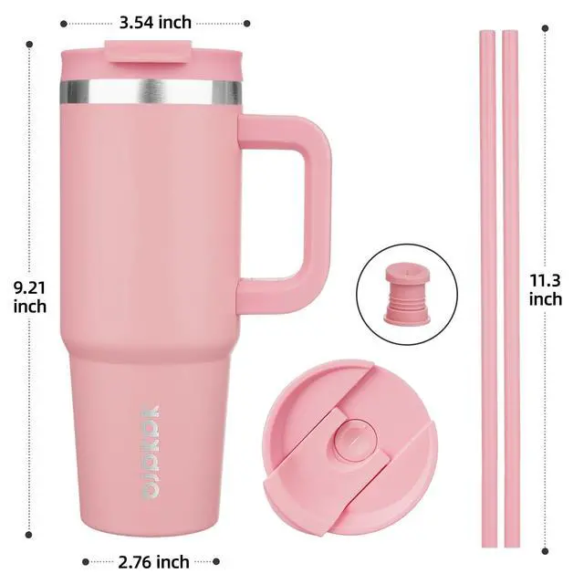 Alt view image 3 of 6 - 30 oz Insulated Tumbler with Handle & Straw, Stainless Steel | Double Wall Vacuum Insulation, Leak Proof, BPA Free, Dishwasher Safe, Cupholder Friendly, Travel & Outdoor, Light Pink