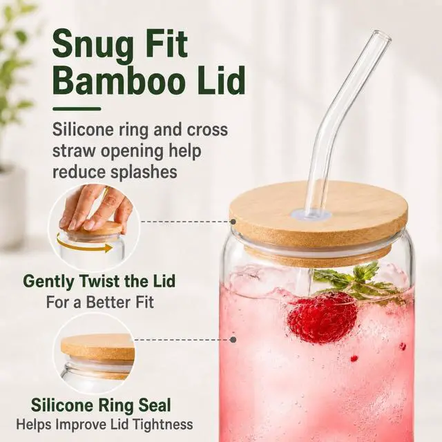 Alt view image 3 of 7 - Glass Cups with Lids and Straws 1 Pack, 16 oz Glass Coffee Cup with Bamboo Lid, Glass Straw and Cleaning Brush, Iced Coffee Cup for Matcha, Soda, Tea and Daily Drinks