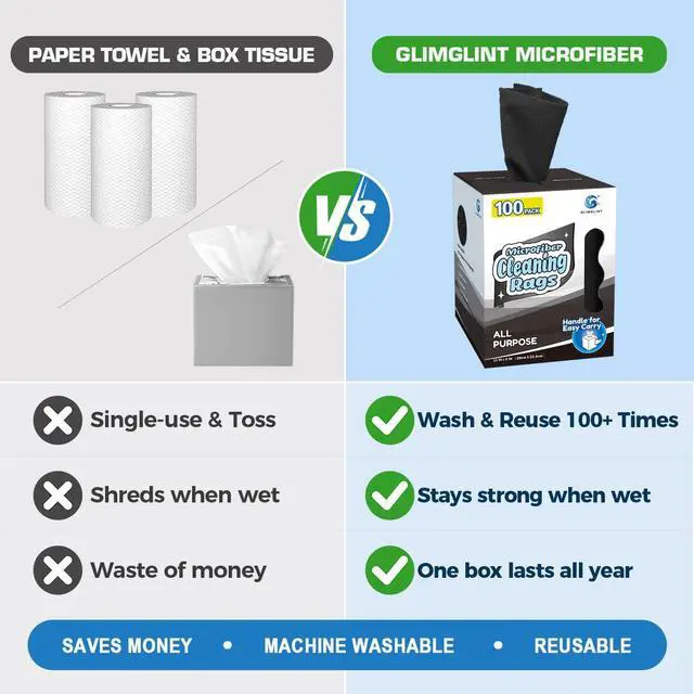 Alt view image 2 of 7 - Microfiber Cleaning Cloth 100 Pack, Reusable Paper Towels 11 x 9 | Lint Free & Ultra Absorbent Cleaning Rags for Car, Home, Kitchen, Glass & Screen, Washable Shop Towel Rag with Box Black