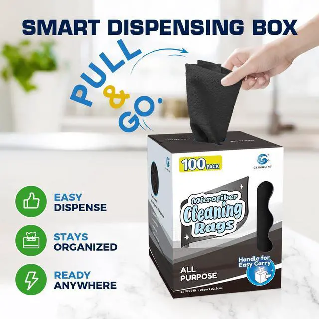 Alt view image 6 of 7 - Microfiber Cleaning Cloth 100 Pack, Reusable Paper Towels 11 x 9 | Lint Free & Ultra Absorbent Cleaning Rags for Car, Home, Kitchen, Glass & Screen, Washable Shop Towel Rag with Box Black