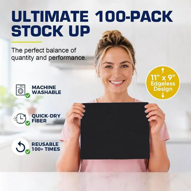 Alt view image 4 of 7 - Microfiber Cleaning Cloth 100 Pack, Reusable Paper Towels 11 x 9 | Lint Free & Ultra Absorbent Cleaning Rags for Car, Home, Kitchen, Glass & Screen, Washable Shop Towel Rag with Box Black