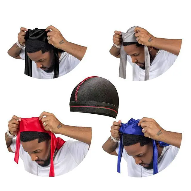 Alt view image 5 of 7 - 4PCS Silky Durags for Men Women 360 Waves with 1 Wave Cap | Silky Satin Moisture-Tech Fabric, Extra Long Tails, Unisex Fit, for Workouts, Cycling and Wave Training