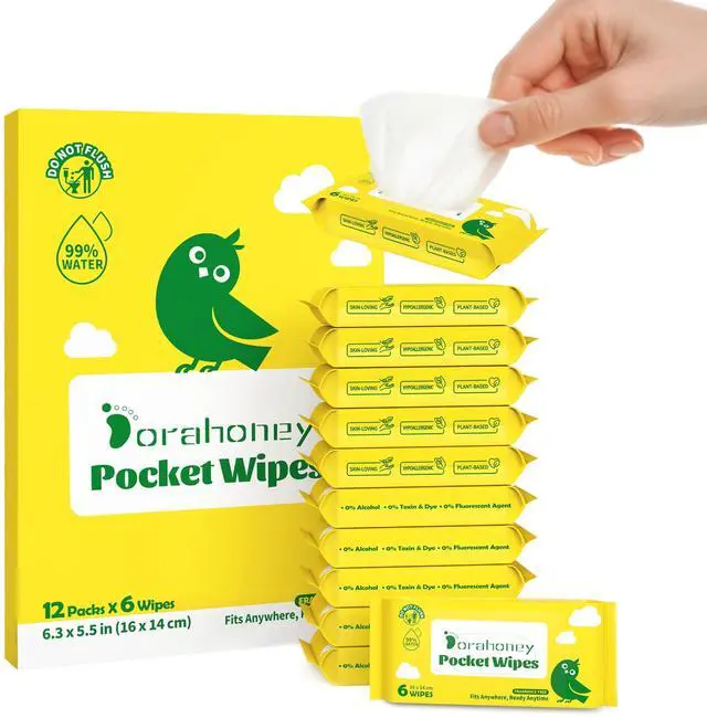Main image of Unscented Travel Wet Wipes, 99% Purified Water Mini Wipes for Sensitive Skin, Hypoallergenic & Plastic-Free Pocket Wipes, 72 Count (12 Packs of 6)