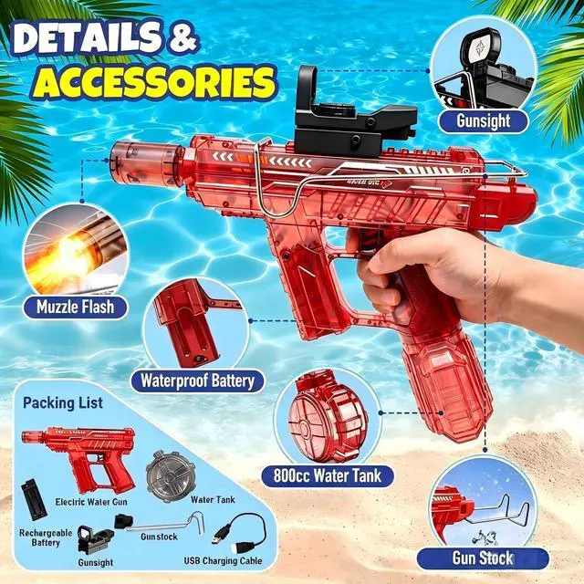 Alt view image 4 of 7 - Electric Water Gun with LED for Kids Adults,Automatic Squirt Gun | AI Voice Control 30ft Range Rotating Dual Nozzles & LED,60Mins Continuous Shooting,Summer Outdoor Pool Beach Toy for Backyard