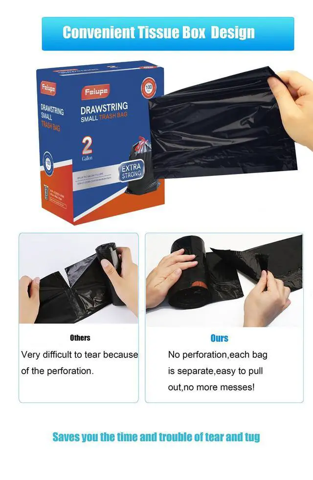 Alt view image 3 of 7 - 2 Gallon Trash Bag,100 Counts Strong Small Trash Bag Garbage Bags,Thick Drawstring Trash Can Liners for Bathroom Kitchen Bedroom Office Dorm (2, Gallons)