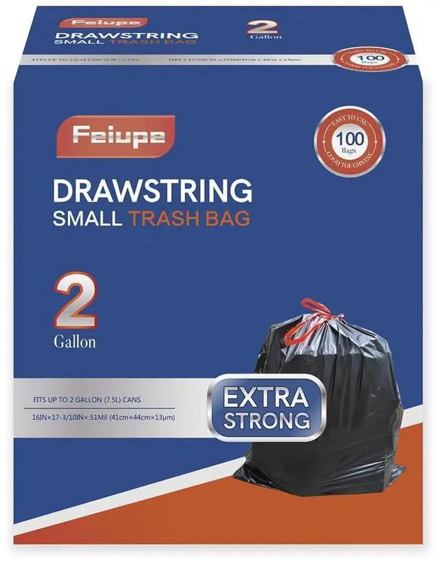 Main image of 2 Gallon Trash Bag,100 Counts Strong Small Trash Bag Garbage Bags,Thick Drawstring Trash Can Liners for Bathroom Kitchen Bedroom Office Dorm (2, Gallons)