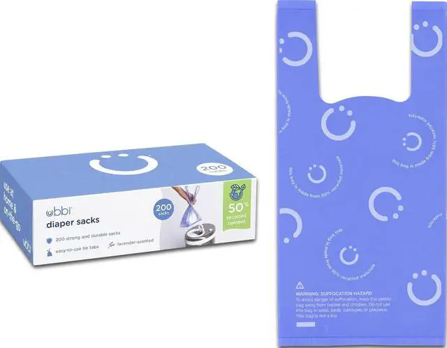 Main image of Disposable Baby Diaper Sacks, Lavender Scented, 200 Count | Easy-To-Tie Tabs, Made from 50% Recycled Material, Disposable On-The-Go Bags, Diaper Bag and Travel Essential