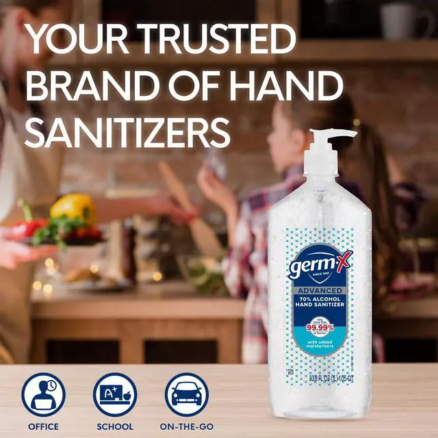 Alt view image 6 of 7 - Advanced Hand Sanitizer, 34 Fl Oz (1 Liter), Less Drying Moisturizing Clear Gel, No Rinse Formula, Large Family Size Pump Bottle