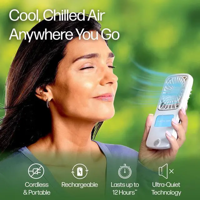 Alt view image 2 of 7 - Portable Fan, Pocket Chill Handheld Mini Fan, Rechargeable Personal Air Cooler with Hydro-Chill Technology, 3 Speeds & Built-in-Kickstand, Cordless for Travel, Indoor or Outdoor Use
