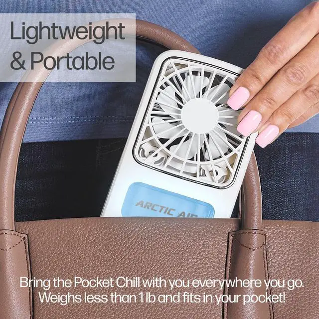Alt view image 3 of 7 - Portable Fan, Pocket Chill Handheld Mini Fan, Rechargeable Personal Air Cooler with Hydro-Chill Technology, 3 Speeds & Built-in-Kickstand, Cordless for Travel, Indoor or Outdoor Use