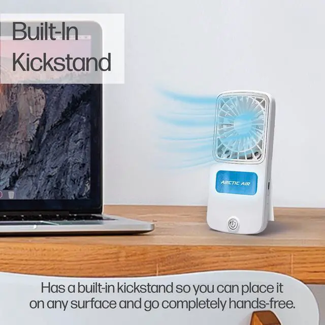 Alt view image 4 of 7 - Portable Fan, Pocket Chill Handheld Mini Fan, Rechargeable Personal Air Cooler with Hydro-Chill Technology, 3 Speeds & Built-in-Kickstand, Cordless for Travel, Indoor or Outdoor Use
