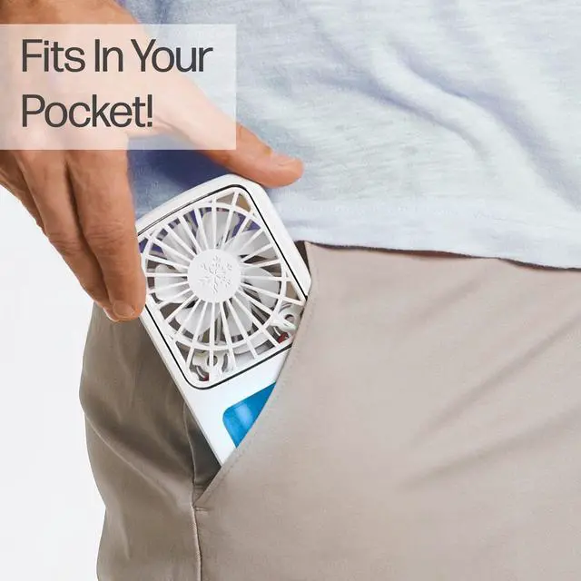 Alt view image 5 of 7 - Portable Fan, Pocket Chill Handheld Mini Fan, Rechargeable Personal Air Cooler with Hydro-Chill Technology, 3 Speeds & Built-in-Kickstand, Cordless for Travel, Indoor or Outdoor Use