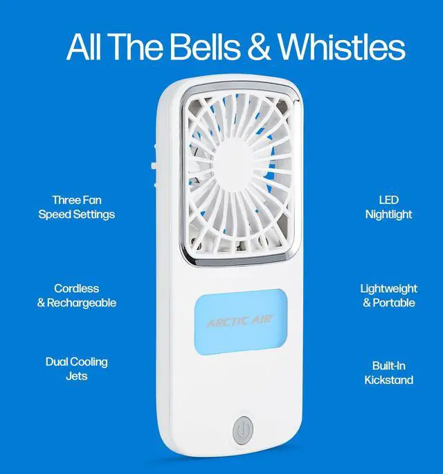 Alt view image 6 of 7 - Portable Fan, Pocket Chill Handheld Mini Fan, Rechargeable Personal Air Cooler with Hydro-Chill Technology, 3 Speeds & Built-in-Kickstand, Cordless for Travel, Indoor or Outdoor Use