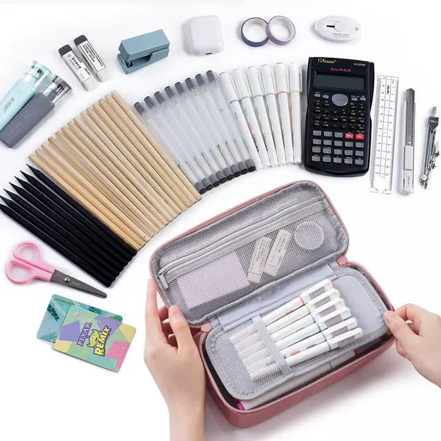 Alt view image 2 of 7 - Large Pencil Case Aesthetic,Big Capacity Canvas Pencil Pouch with Zipper, Pencil Case for Women & Men, Marker Pen Case,Portable Stationery Pencil Bag for Office Pink