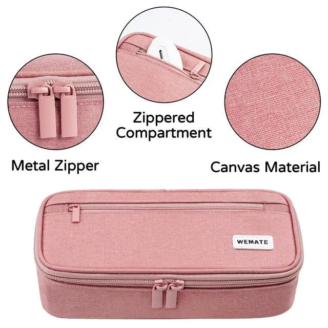 Alt view image 3 of 7 - Large Pencil Case Aesthetic,Big Capacity Canvas Pencil Pouch with Zipper, Pencil Case for Women & Men, Marker Pen Case,Portable Stationery Pencil Bag for Office Pink