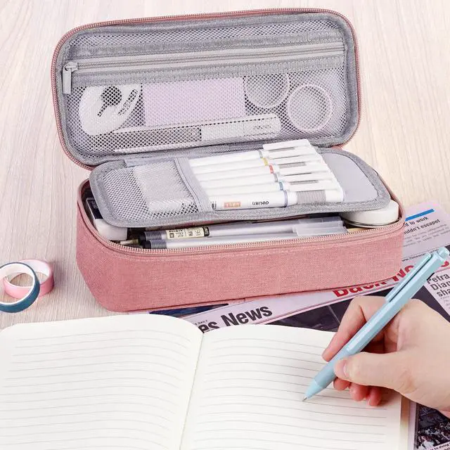 Alt view image 6 of 7 - Large Pencil Case Aesthetic,Big Capacity Canvas Pencil Pouch with Zipper, Pencil Case for Women & Men, Marker Pen Case,Portable Stationery Pencil Bag for Office Pink