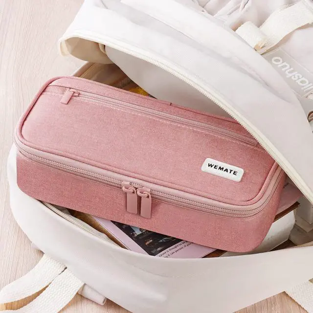 Alt view image 7 of 7 - Large Pencil Case Aesthetic,Big Capacity Canvas Pencil Pouch with Zipper, Pencil Case for Women & Men, Marker Pen Case,Portable Stationery Pencil Bag for Office Pink