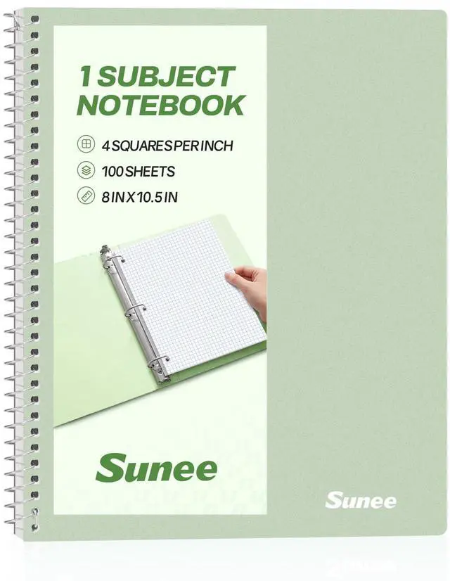 Main image of Spiral Notebook, 1-Subject, Graph Ruled Paper, 8" x 10-1/2", 100 Sheets per Notebook, 3-Hole Punched Paper, Water Resistant Cover, Spiral Grid Notebooks for Work, Home, School, Writing, Green