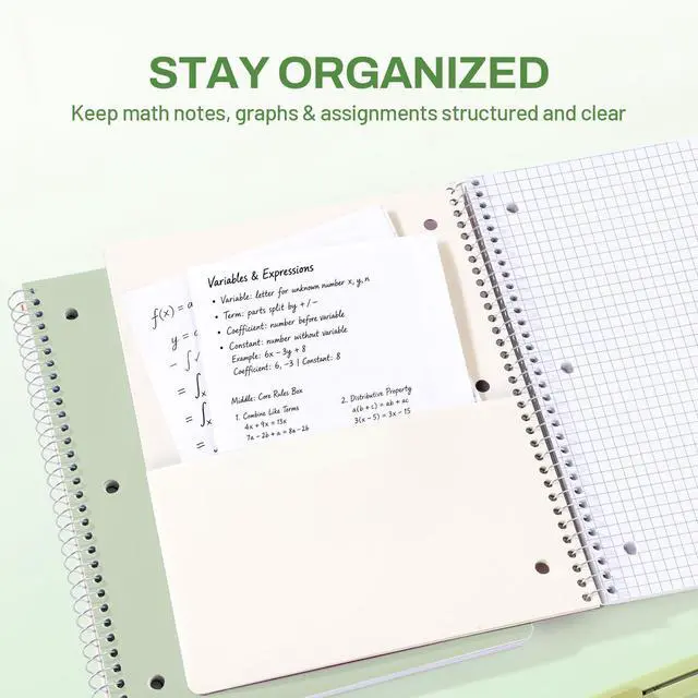 Alt view image 2 of 7 - Spiral Notebook, 1-Subject, Graph Ruled Paper, 8" x 10-1/2", 100 Sheets per Notebook, 3-Hole Punched Paper, Water Resistant Cover, Spiral Grid Notebooks for Work, Home, School, Writing, Green