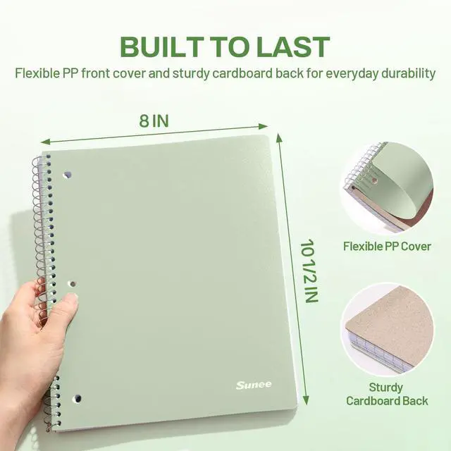 Alt view image 3 of 7 - Spiral Notebook, 1-Subject, Graph Ruled Paper, 8" x 10-1/2", 100 Sheets per Notebook, 3-Hole Punched Paper, Water Resistant Cover, Spiral Grid Notebooks for Work, Home, School, Writing, Green