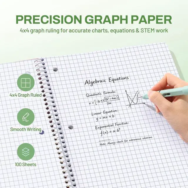 Alt view image 4 of 7 - Spiral Notebook, 1-Subject, Graph Ruled Paper, 8" x 10-1/2", 100 Sheets per Notebook, 3-Hole Punched Paper, Water Resistant Cover, Spiral Grid Notebooks for Work, Home, School, Writing, Green