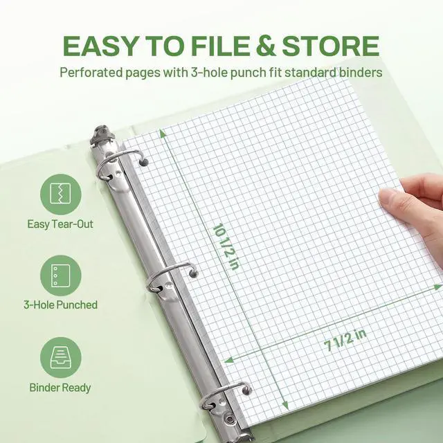 Alt view image 5 of 7 - Spiral Notebook, 1-Subject, Graph Ruled Paper, 8" x 10-1/2", 100 Sheets per Notebook, 3-Hole Punched Paper, Water Resistant Cover, Spiral Grid Notebooks for Work, Home, School, Writing, Green