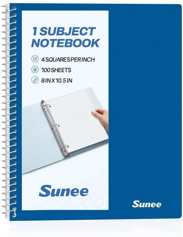 Main image of Spiral Notebook, 1-Subject, Graph Ruled Paper, 8" x 10-1/2", 100 Sheets per Notebook, 3-Hole Punched Paper, Water Resistant Cover, Spiral Grid Notebooks for Work, Home, School, Dark Blue