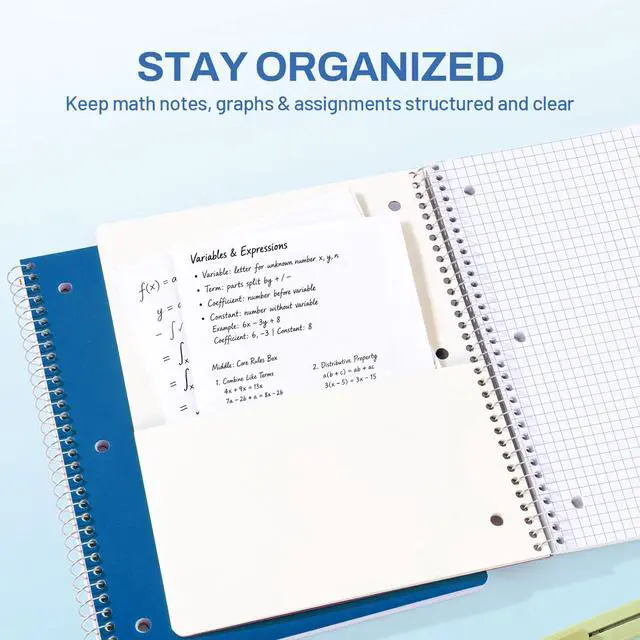 Alt view image 2 of 7 - Spiral Notebook, 1-Subject, Graph Ruled Paper, 8" x 10-1/2", 100 Sheets per Notebook, 3-Hole Punched Paper, Water Resistant Cover, Spiral Grid Notebooks for Work, Home, School, Dark Blue