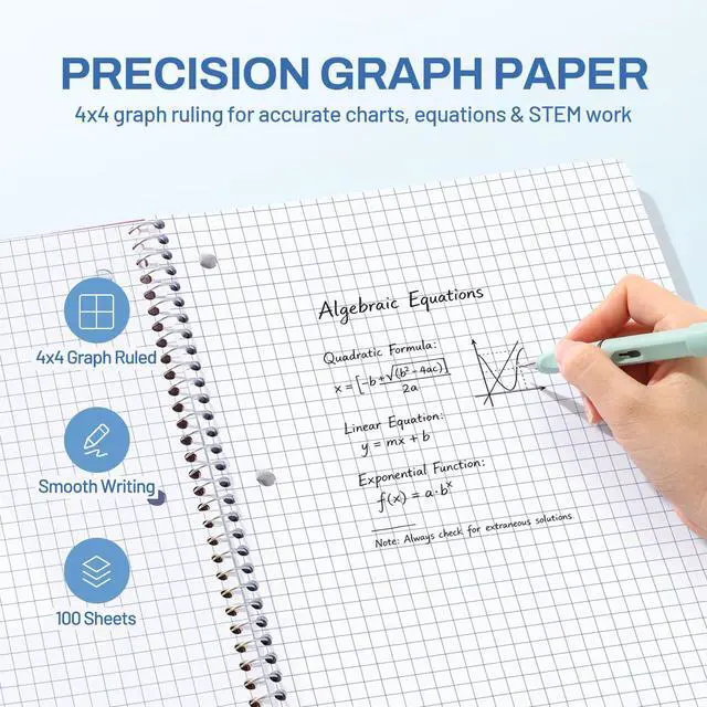 Alt view image 4 of 7 - Spiral Notebook, 1-Subject, Graph Ruled Paper, 8" x 10-1/2", 100 Sheets per Notebook, 3-Hole Punched Paper, Water Resistant Cover, Spiral Grid Notebooks for Work, Home, School, Dark Blue