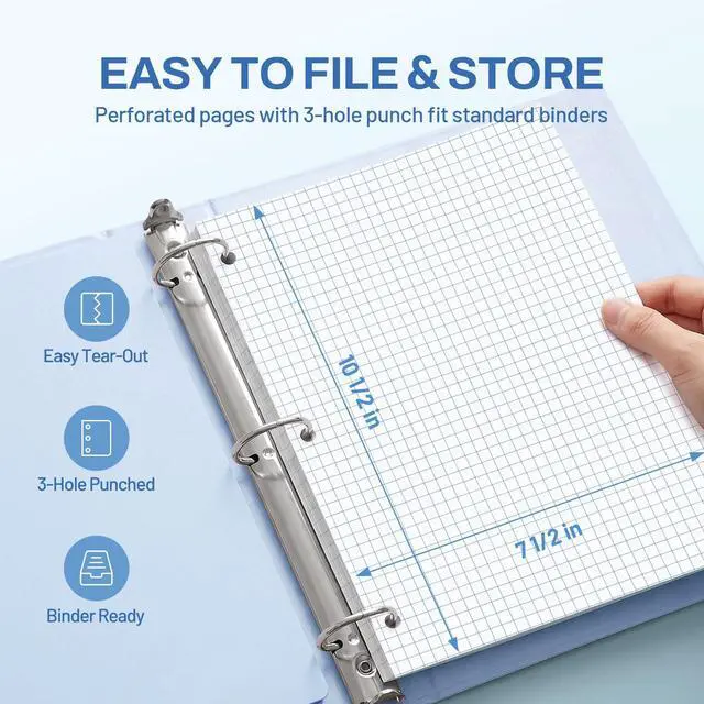 Alt view image 5 of 7 - Spiral Notebook, 1-Subject, Graph Ruled Paper, 8" x 10-1/2", 100 Sheets per Notebook, 3-Hole Punched Paper, Water Resistant Cover, Spiral Grid Notebooks for Work, Home, School, Dark Blue