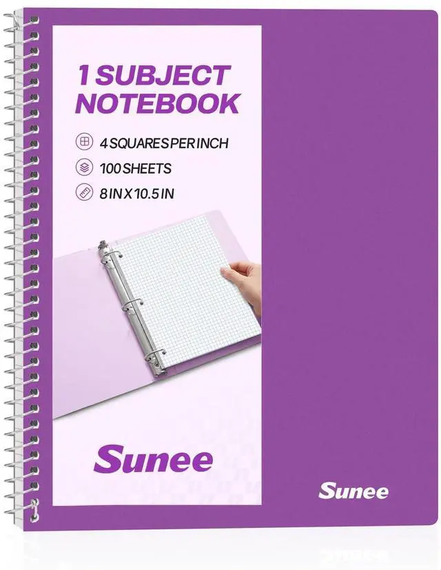 Main image of Spiral Notebook, 1-Subject, Graph Ruled Paper, 8" x 10-1/2", 100 Sheets per Notebook, 3-Hole Punched Paper, Water Resistant Cover, Spiral Grid Notebooks for Work, Home, School, Dark Purple