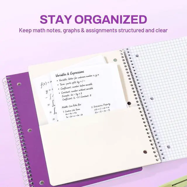 Alt view image 2 of 7 - Spiral Notebook, 1-Subject, Graph Ruled Paper, 8" x 10-1/2", 100 Sheets per Notebook, 3-Hole Punched Paper, Water Resistant Cover, Spiral Grid Notebooks for Work, Home, School, Dark Purple