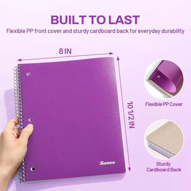 Alt view image 3 of 7 - Spiral Notebook, 1-Subject, Graph Ruled Paper, 8" x 10-1/2", 100 Sheets per Notebook, 3-Hole Punched Paper, Water Resistant Cover, Spiral Grid Notebooks for Work, Home, School, Dark Purple